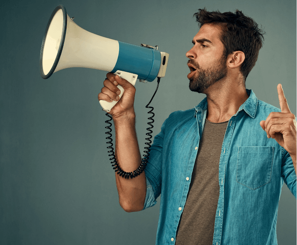 Professional speaking through a megaphone illustrating a Dutch-speaking Account Manager recruitment opportunity